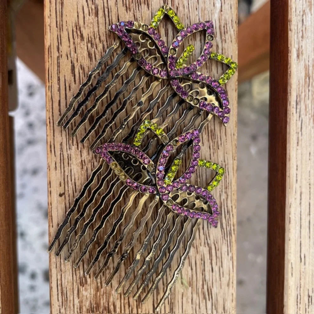 Purple & Green Rhinestone Decorative Metal Hair Combs
